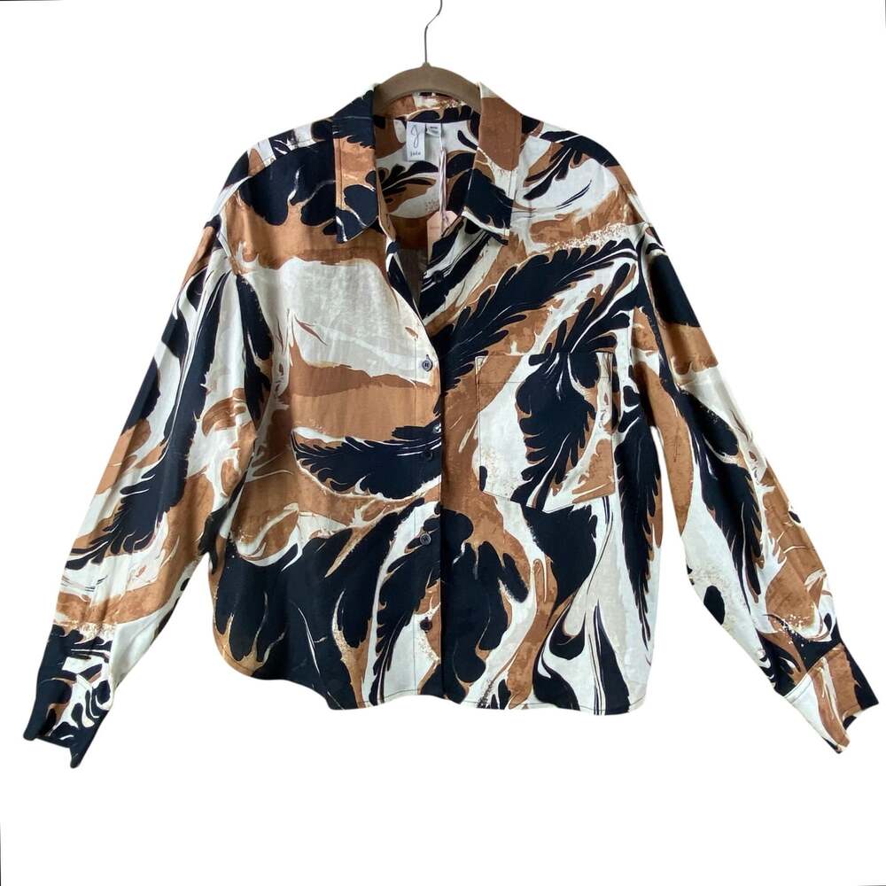 Joie Linen Button Front Blouse Size M Black Cream Marbled Boho New With Tag